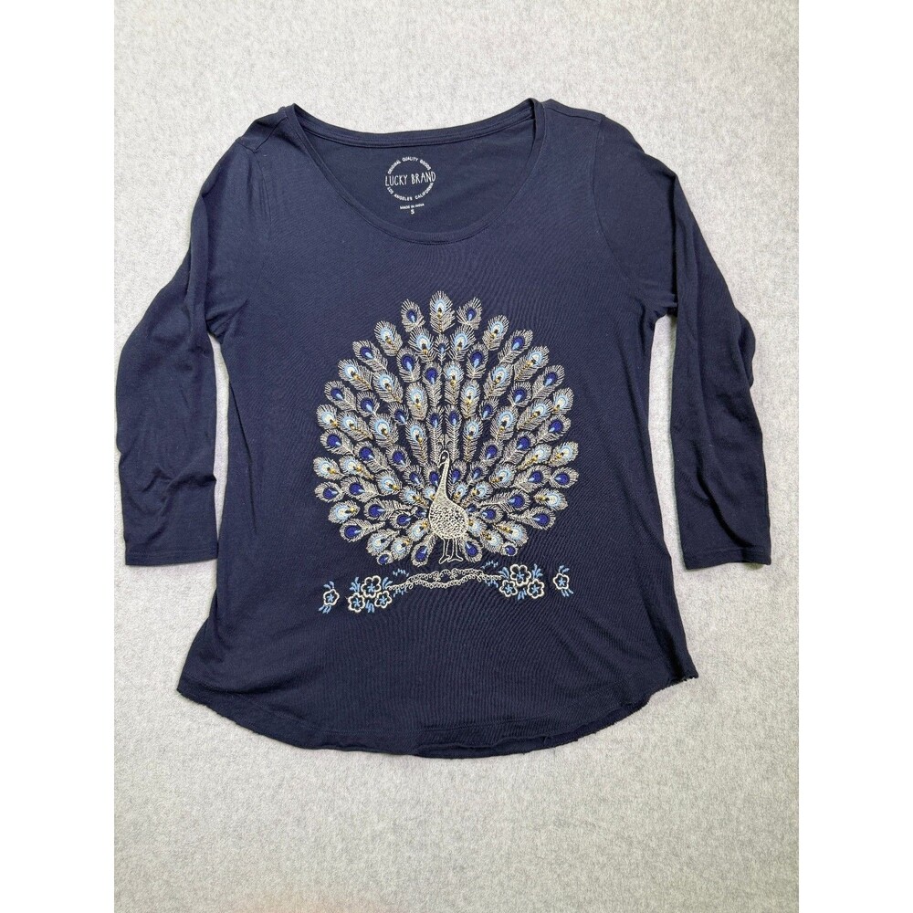 Lucky Brand Peacock Embroidered Top Womens Small Blue Beaded Boho 3/4 Sleeve